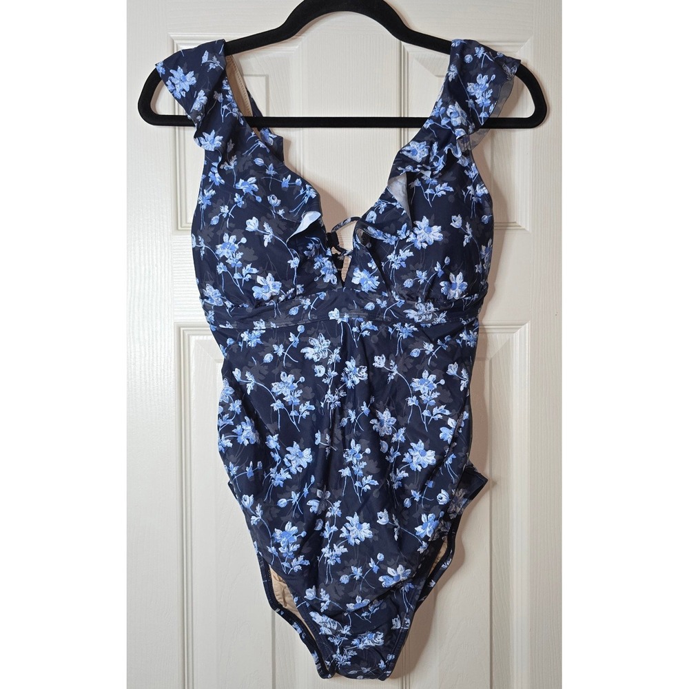 Pea in the Pod Floral Ruffle Maternity Swimsuit Navy Blue Size S Beach Vacation